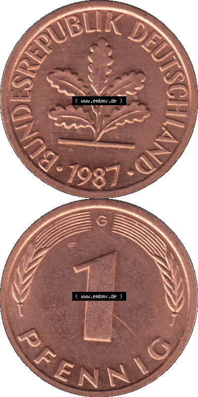 1 Pfennig Umlaufmünze in Farbigen PNG 1950-2001, 1 Pfennig 1987, 1980er Jahre Karlsruhe G Sammlung
