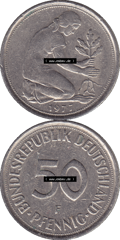 BRD Münzen 50 Pf. Umlaufmünze in PNG 1950-2001, 50 Pfennig 1977, 1970er Jahre F-01. PNG Computer-Grafik einer digitalisierten... Sammlung