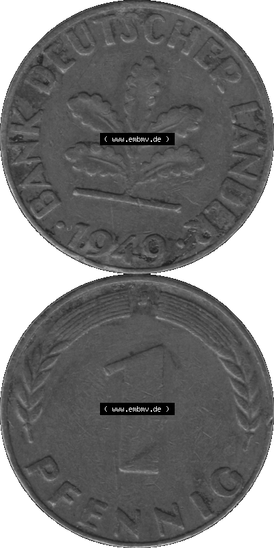 1 Pfennig Umlaufmünze in Graustufen PNG 1948-1949, 1 Pfennig 1949, 1950er Jahre J Sammlung