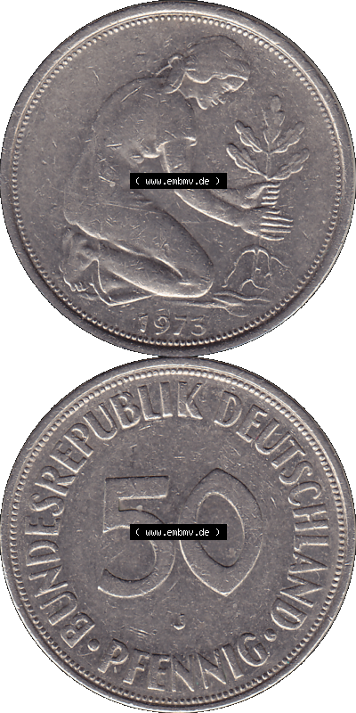 BRD Münzen 50 Pf. Umlaufmünze in PNG 1950-2001, 50 Pfennig 1973, 1970er Jahre Münzstätte Hamburg Mzz. J -01. PNG Computer-Grafik... Sammlung