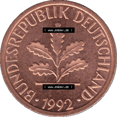 1 Pfennig Umlaufmünze in Farbigen PNG 1950-2001, 1 Pfennig 1992, 1990er Jahre J Sammlung