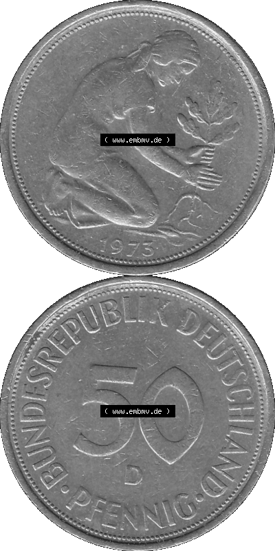 BRD Münzen 50 Pf. Umlaufmünze in graustufen PNG 1950-2001, 50 Pfennig 1973, 1970er Jahre Münzstätte München mit Münzzeichen... Sammlung
