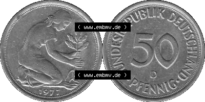 BRD Münzen 50 Pf. Umlaufmünze in graustufen PNG 1950-2001, 50 Pfennig 1977, 1970er Jahre D-01 Graustufen. PNG Computer-Grafik... Sammlung