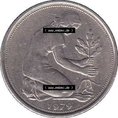 BRD Münzen 50 Pf. Umlaufmünze in PNG 1950-2001, 50 Pfennig 1979, 1970er Jahre Münzzeichen für Stuttgart F-01. PNG Computer-Grafik... Sammlung
