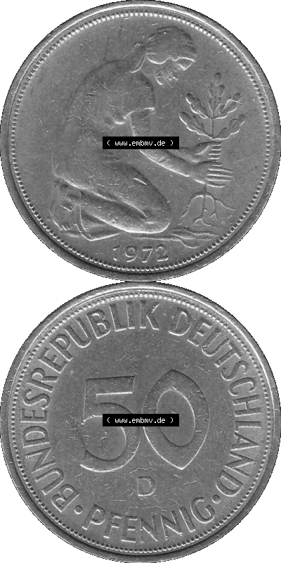 BRD Münzen 50 Pf. Umlaufmünze in graustufen PNG 1950-2001, 50 Pfennig 1972, 1970er Jahre Münzstätte München mit Münzzeichen... Sammlung