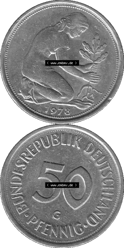 BRD Münzen 50 Pf. Umlaufmünze in graustufen PNG 1950-2001, 50 Pfennig 1978, 1970er Jahre Mzz. für Karlsruhe G-01 Graustufen.... Sammlung