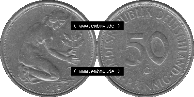 BRD Münzen 50 Pf. Umlaufmünze in graustufen PNG 1950-2001, 50 Pfennig 1973, 1970er Jahre Münzstätte Karlsruhe mit Münzzeichen... Sammlung