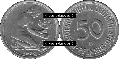 BRD Münzen 50 Pf. Umlaufmünze in graustufen PNG 1950-2001, 50 Pfennig 1976, 1970er Jahre D-01 Graustufen. PNG Computer-Grafik... Sammlung