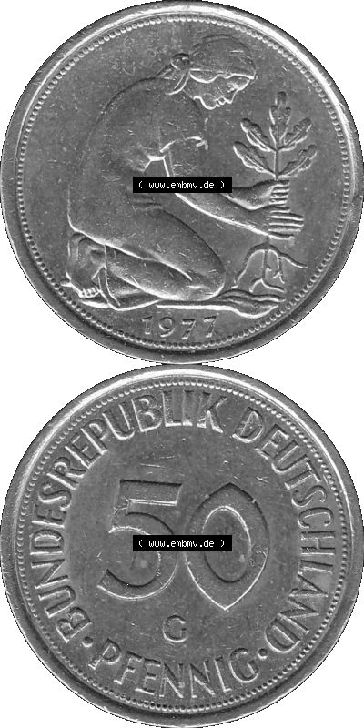 BRD Münzen 50 Pf. Umlaufmünze in graustufen PNG 1950-2001, 50 Pfennig 1977, 1970er Jahre G-01 Graustufen. PNG Computer-Grafik... Sammlung