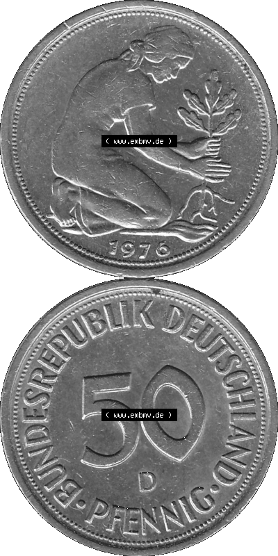 BRD Münzen 50 Pf. Umlaufmünze in graustufen PNG 1950-2001, 50 Pfennig 1976, 1970er Jahre D-01 Graustufen. PNG Computer-Grafik... Sammlung
