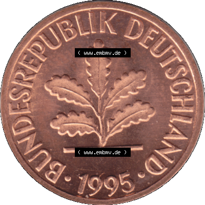 1 Pfennig Umlaufmünze in Farbigen PNG 1950-2001, 1 Pfennig 1995, 1990er Jahre Karlsruhe G Sammlung
