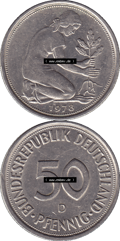 BRD Münzen 50 Pf. Umlaufmünze in PNG 1950-2001, 50 Pfennig 1978, 1970er Jahre Münzzeichen für München D-01. PNG Computer-Grafik... Sammlung