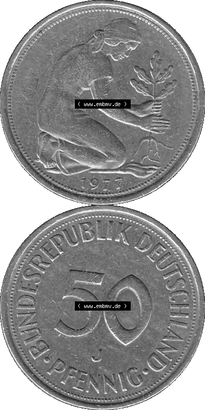 BRD Münzen 50 Pf. Umlaufmünze in graustufen PNG 1950-2001, 50 Pfennig 1977, 1970er Jahre J-01 Graustufen. PNG Computer-Grafik... Sammlung