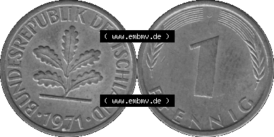 1 Pfennig Umlaufmünze in Graustufen PNG 1950-2001, 1 Pfennig 1971, 1970er Jahre J Sammlung