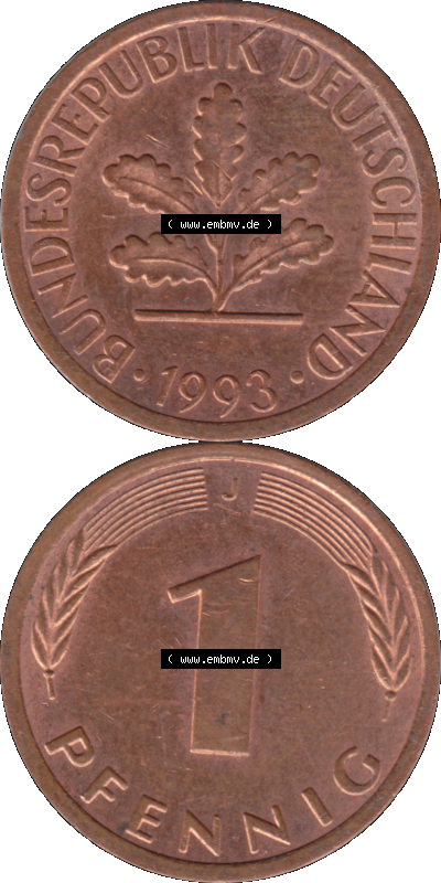 1 Pfennig Umlaufmünze in Farbigen PNG 1950-2001, 1 Pfennig 1993, 1990er Jahre J Sammlung