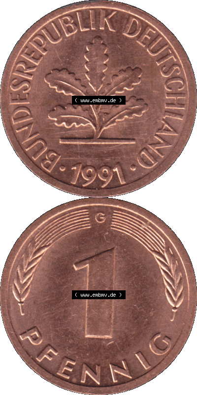 1 Pfennig Umlaufmünze in Farbigen PNG 1950-2001, 1 Pfennig 1991, 1990er Jahre Karlsruhe G Sammlung