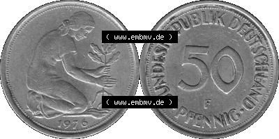 BRD Münzen 50 Pf. Umlaufmünze in graustufen PNG 1950-2001, 50 Pfennig 1976, 1970er Jahre F-01 Graustufen. PNG Computer-Grafik... Sammlung