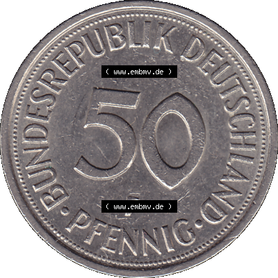 BRD Münzen 50 Pf. Umlaufmünze in PNG 1950-2001, 50 Pfennig 1978, 1970er Jahre Münzzeichen für Stuttgart F-01. PNG Computer-Grafik... Sammlung