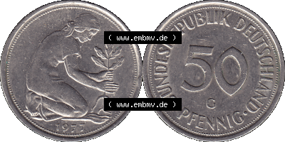 BRD Münzen 50 Pf. Umlaufmünze in PNG 1950-2001, 50 Pfennig 1977, 1970er Jahre G-01. PNG Computer-Grafik einer digitalisierten... Sammlung