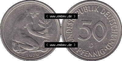 BRD Münzen 50 Pf. Umlaufmünze in PNG 1950-2001, 50 Pfennig 1979, 1970er Jahre Münzzeichen für München D-01. PNG Computer-Grafik... Sammlung