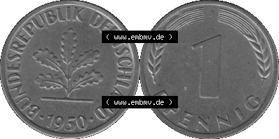 1 Pfennig Umlaufmünze in Graustufen PNG 1950-2001, 1 Pfennig 1950, 1950er Jahre J Sammlung