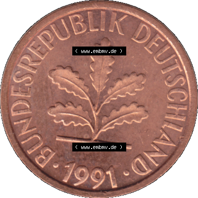 1 Pfennig Umlaufmünze in Farbigen PNG 1950-2001, 1 Pfennig 1991, 1990er Jahre J Sammlung
