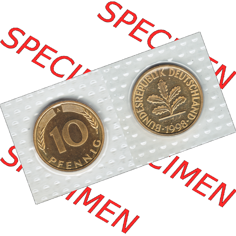 Münze der BRD-Deutschland 1998, Mzz. A für Berlin, 10 Pfennig RS+VS horizontal Farbe.Farbiges PNG-Bild der Deutschen Pfennig Münze vom Jahrgang 1998,... Sammlung