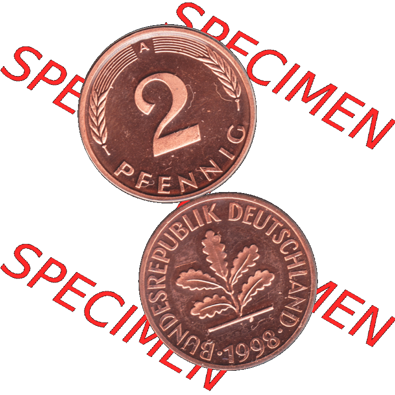 Münze der BRD-Deutschland 1998, Mzz. A für Berlin, Zwei 2 Pfennig Transparent RS+VS vertikal Farbe. Farbige und Transparentes PNG-Bild der Deutschen Mark - Pfennig-Münze... Sammlung