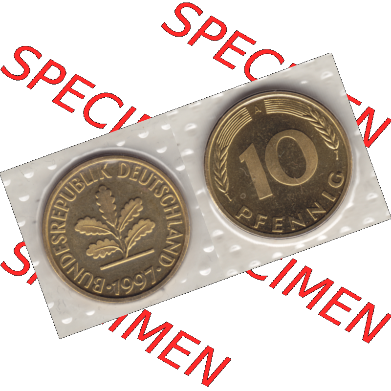 BRD-Deutschland 1997, 10 Deutsche Pfennige, VS+RS horizontal Farbe. Pfennig-Münze in Farbe aus dem Jahrgang 1997 Deutschland der BRD-Bundesrepublik mit Münzzeichen A für... Sammlung