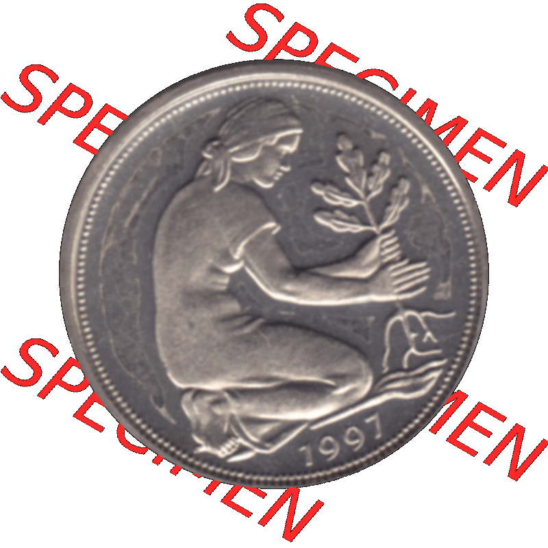Münze der BRD-Deutschland 1997 Mzz. A für Berlin, 50 Deutsche Pfennig transparente Vorderseite. Farbiges transparente PNG-Bild der Deutschen Pfennig Münze vom Jahrgang... Sammlung