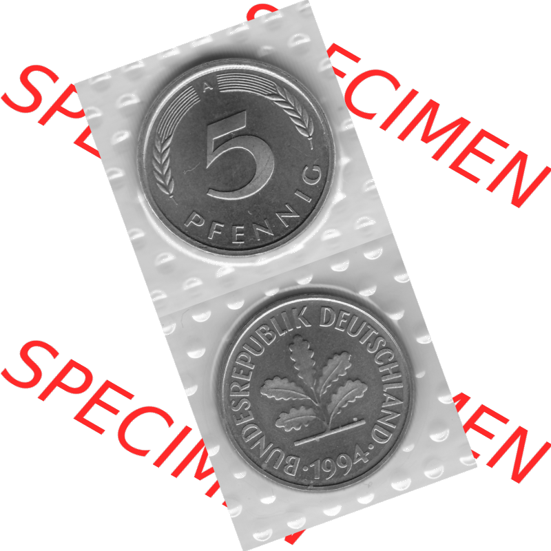 BRD-Deutschland Münzen 1994, 5 Pfennig Graustufen RS+VS vertikal. Graustufen-Bild erstellt aus Farbigen Bild mit Rückseite mit Wert-Zahl und Vorderseite auf einen Bild /... Sammlung