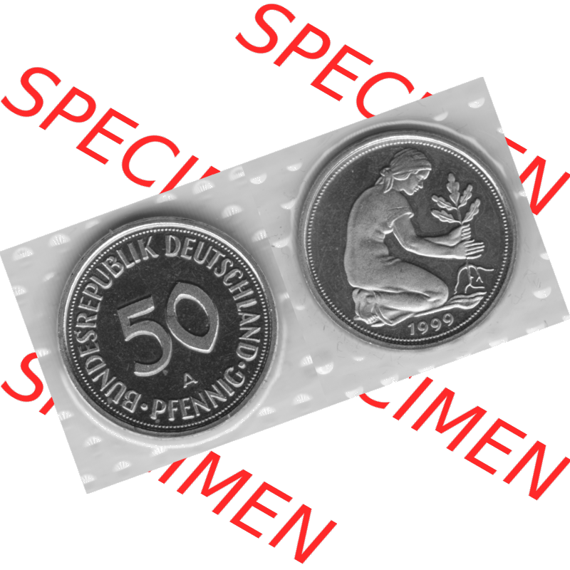 Münze der BRD-Deutschland 1999 Mzz. A für Berlin, Fünfzig 50 Pfennig aus KMS RS+VS horizontal Graustufen. Graues PNG-Bild der Deutschen Pfennig Münze vom Jahrgang... Sammlung