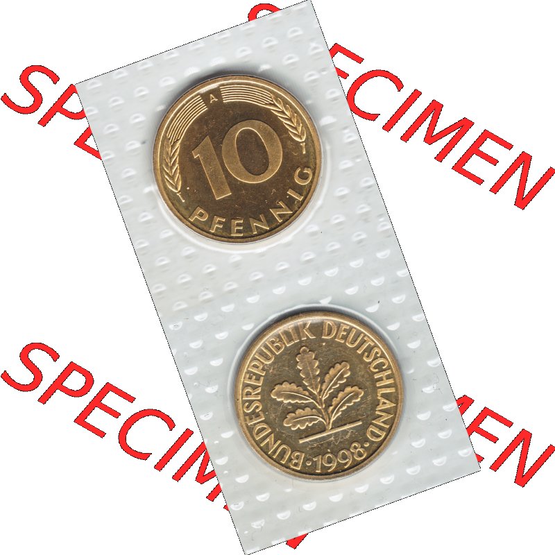 Münze der BRD-Deutschland 1998, Mzz. A für Berlin, 10 Pfennig RS+VS vertikal Farbe.Farbiges PNG-Bild der Deutschen Pfennig Münze vom Jahrgang 1998, aus... Sammlung