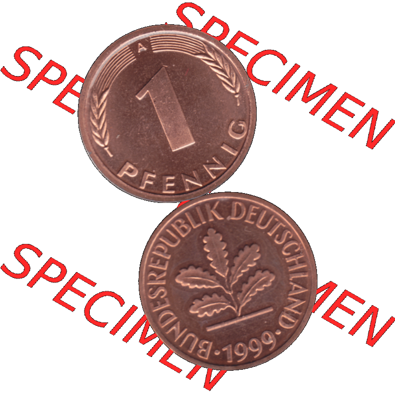 Münze der BRD-Deutschland 1999 Mzz. A für Berlin, Ein 1 Pfennig transparent RS+VS vertikal Farbe. Farbiges transparentes PNG-Bild der Deutschen Pfennig Münze vom... Sammlung