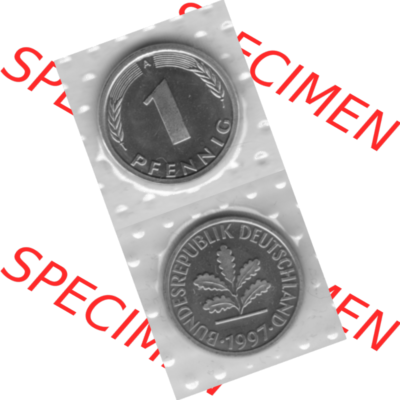 BRD-Deutschland 1997, 1 Deutscher Pfennig, RS+VS vertikal Graustufen. Pfennig-Münze in Grau / Graustufen / s/w oder auch als Schwarzweiß benannt aus dem Jahrgang... Sammlung