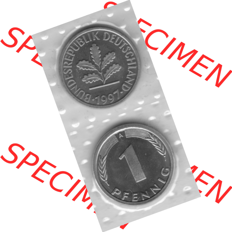 BRD-Deutschland 1997, 1 Deutscher Pfennig, VS+RS vertikal Graustufen. Pfennig-Münze in Grau / Graustufen / s/w oder auch als Schwarzweiß benannt aus dem Jahrgang... Sammlung