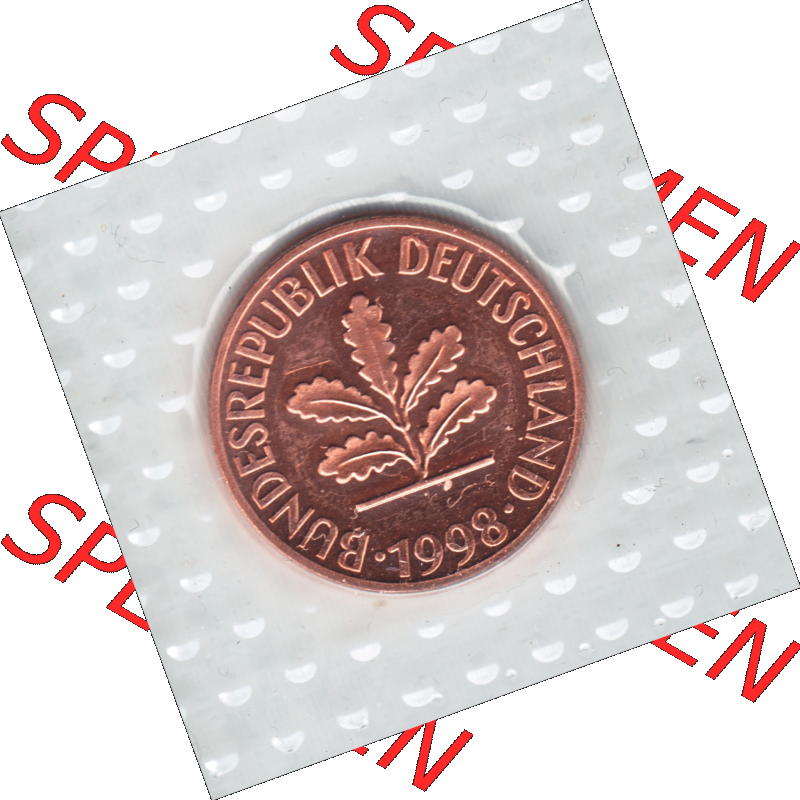 Münze der BRD-Deutschland 1998, Mzz. A für Berlin, 2 Pfennig Vorderseite.Farbiges PNG-Bild der Deutschen Pfennig Münze vom Jahrgang 1998, aus Noppenfolie... Sammlung