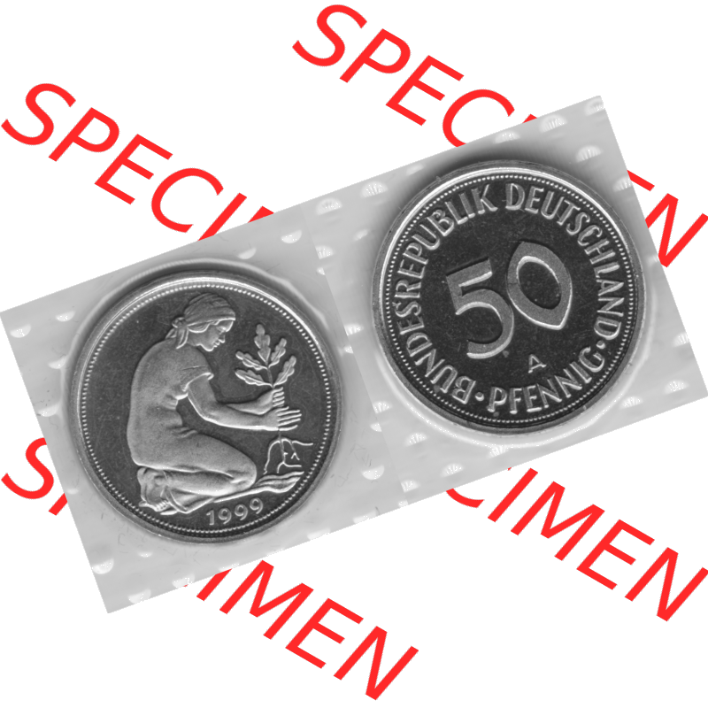 Münze der BRD-Deutschland 1999 Mzz. A für Berlin, Fünfzig 50 Pfennig aus KMS VS+RS horizontal Graustufen. Graues PNG-Bild der Deutschen Pfennig Münze vom Jahrgang... Sammlung
