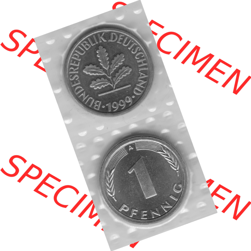 Münze der BRD-Deutschland 1999 Mzz. A für Berlin, Ein 1 Pfennig aus KMS VS+RS vertikal Graustufen. Graues PNG-Bild der Deutschen Pfennig Münze vom Jahrgang 1999.... Sammlung