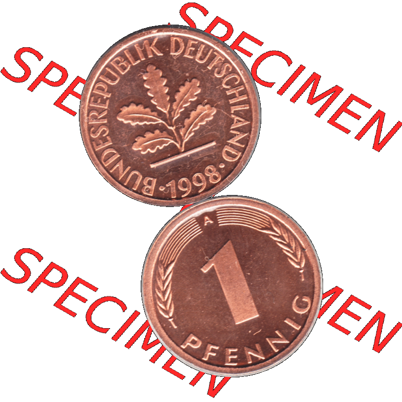 Münze der BRD-Deutschland 1998, Mzz. A für Berlin, Eine 1 Pfennig Transparent VS+RS vertikal Farbe. Farbige und Transparentes PNG-Bild der Deutschen Mark - Pfennig-Münze... Sammlung