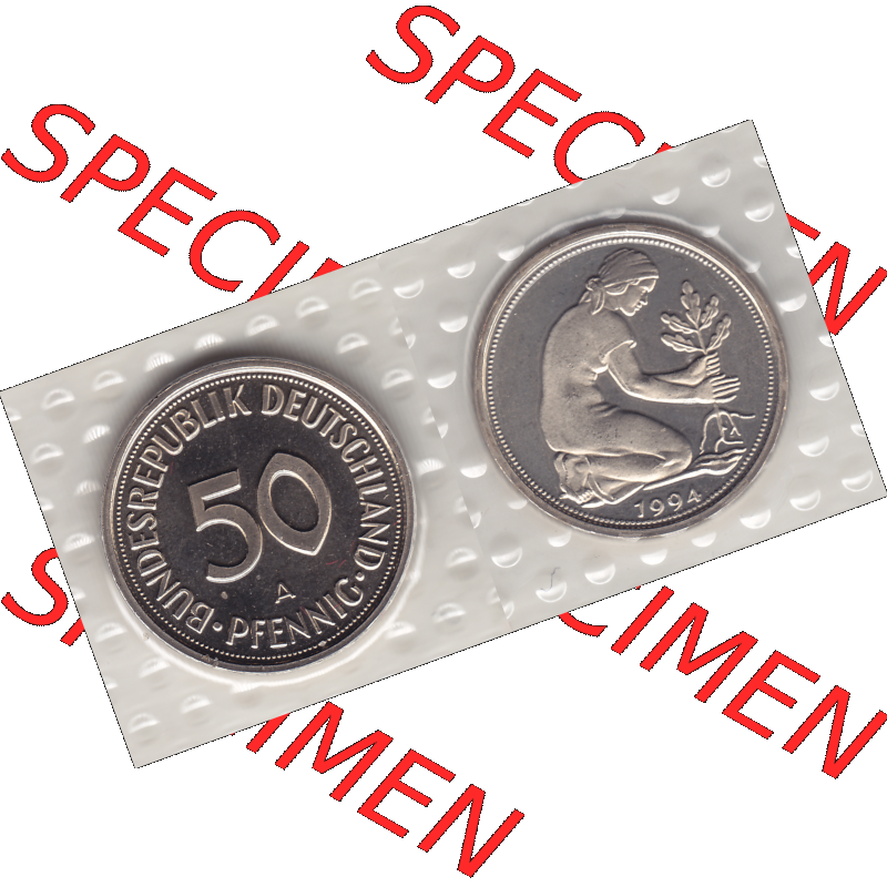 BRD Münzen KMS / Kursmünzensatz 1990-2001, 50 Pfennig 1994-01. Vorderseite und Rückseite mit Wert-Zahl einer Pfennig Münze der DM-Währung der BRD Deutschland,... Sammlung