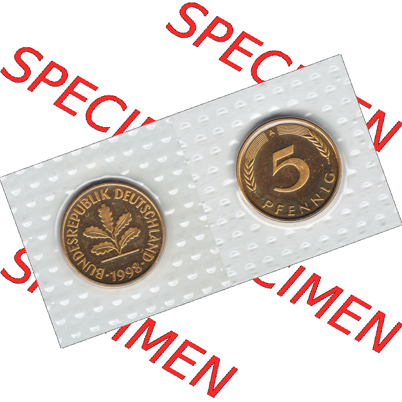 Münze der BRD-Deutschland 1998, Mzz. A für Berlin, 5 Pfennig VS+RS horizontal Farbe.Farbiges PNG-Bild der Deutschen Pfennig Münze vom Jahrgang 1998,... Sammlung