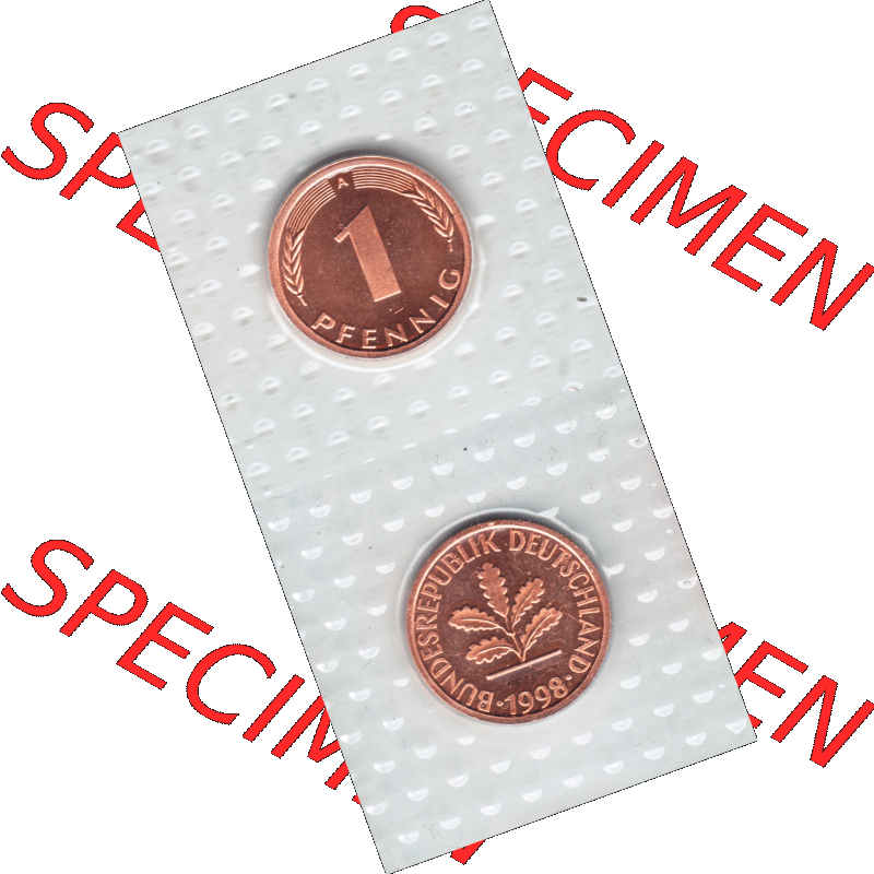 Münze der BRD-Deutschland 1998, Mzz. A für Berlin, 1 Pfennig RS+VS vertikal Farbe.Farbiges PNG-Bild der Deutschen Pfennig Münze vom Jahrgang 1998, aus... Sammlung