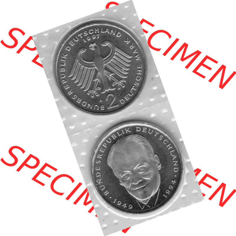 BRD-Deutschland 1997, 2 Deutsche Mark Gedenkmünze Willy Brandt, VS+RS vertikal Graustufen. Mark-Münze als PNG-Grafik in Graustufen / s/w / Schwarzweiß... Sammlung