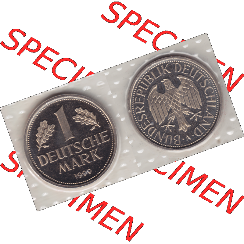 Münze der BRD-Deutschland 1999 Mzz. A für Berlin, Eine 1 Deutsche Mark aus KMS RS+VS horizontal Farbe. Mark-Münze aus dem Jahrgang 1999 Deutschland der BRD-Bundesrepublik... Sammlung