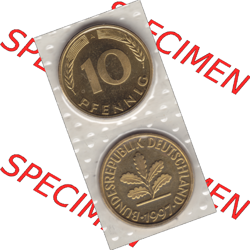 BRD-Deutschland 1997, 10 Deutsche Pfennige, RS+VS vertikal Farbe. Pfennig-Münze in Farbe aus dem Jahrgang 1997 Deutschland der BRD-Bundesrepublik mit Münzzeichen A für... Sammlung
