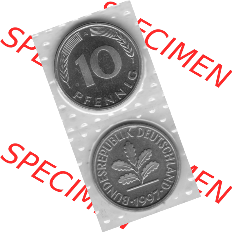 BRD-Deutschland 1997, 10 Deutsche Pfennige, RS+VS vertikal Graustufen. Pfennig-Münze in Grau / Graustufen / s/w oder auch als Schwarzweiß benannt aus dem... Sammlung