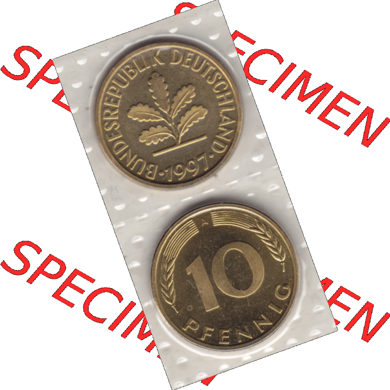 BRD-Deutschland 1997, 10 Deutsche Pfennige, VS+RS vertikal Farbe. Pfennig-Münze in Farbe aus dem Jahrgang 1997 Deutschland der BRD-Bundesrepublik mit Münzzeichen A für... Sammlung