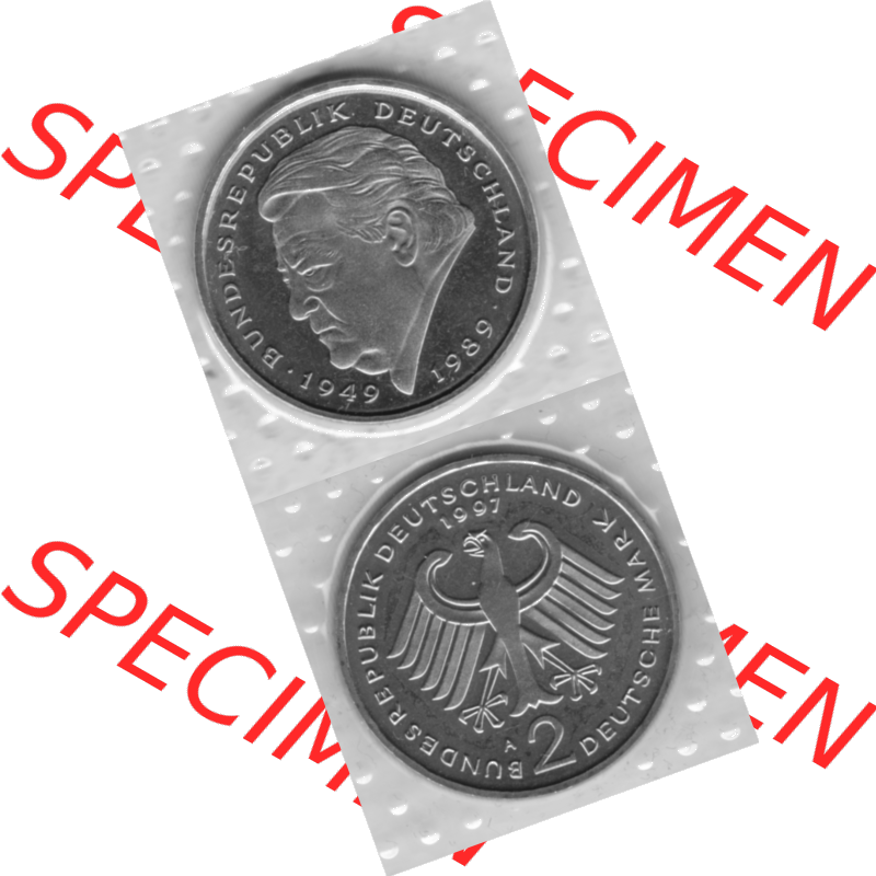 BRD-Deutschland 1997, 2 Deutsche Mark Gedenkmünze Franz Josef Strauß, RS+VS vertikal Graustufen. Mark-Münze als PNG-Grafik in Graustufen / s/w / Schwarzweiß... Sammlung