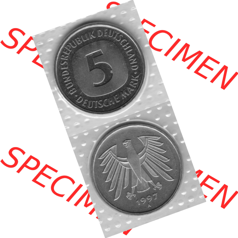 BRD-Deutschland 1997, 5 Deutsche Mark, RS+VS vertikal Graustufen. Mark-Münze als PNG-Grafik in Graustufen / s/w / Schwarzweiß aus dem Jahrgang 1997 Deutschland... Sammlung